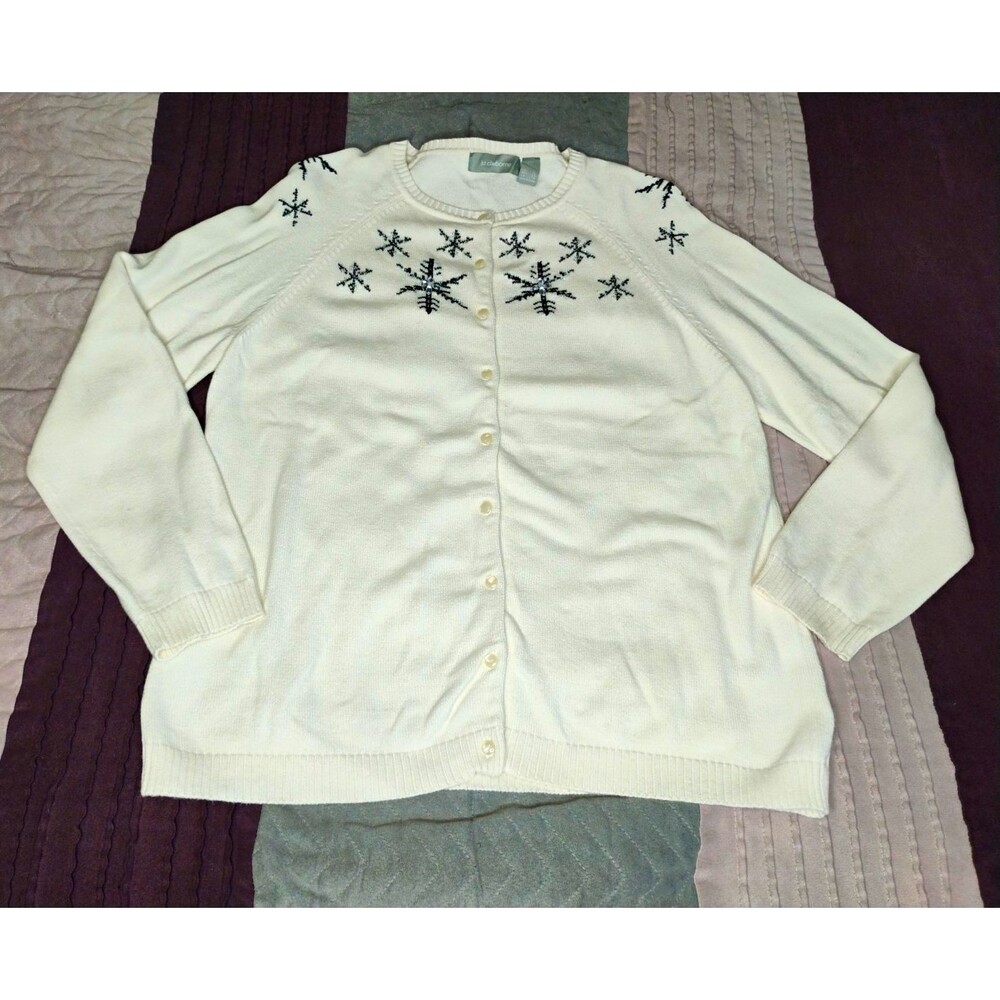 Liz Claiborne Womenβs XL White Snowflake 100% Cotton Knit Beaded Button Cardigan